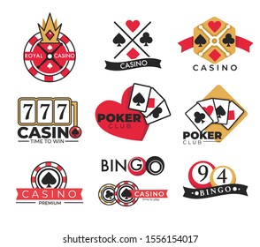 Gambling casino club, poker and bingo lottery, isolated vector icons. Slot machine and roulette wheel, play cards and balls with numbers, game chips and crown. Money stakes or betting, emblems or logo