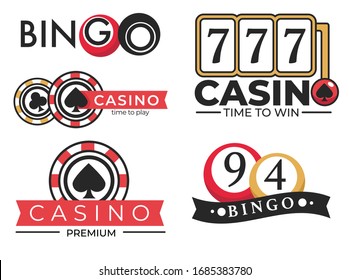 Gambling casino club, poker and bingo lottery, isolated vector icons. Slot machine and roulette wheel, play cards and balls with numbers, game chips and crown. Money stakes or betting, emblems or logo