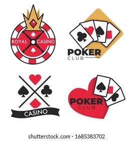 Gambling casino club, poker and roulette wheel, isolated vector icons. Play cards and crown, gamblers club, blackjack or Texas holdem badges or stickers. Money stakes or betting, emblems or logo