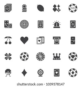 Gambling casino elements vector icons set, modern solid symbol collection, filled style pictogram pack. Signs, logo illustration. Set includes icons as cards, token, gaming chips, Dominoes, roulette g
