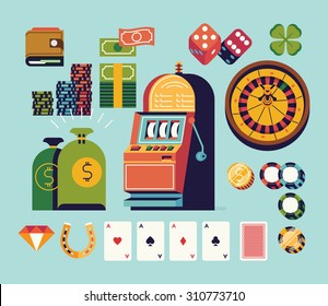 Gambling and casino equipment and items vector flat design illustrations. Featuring one armed bandit, wallet, money bags, roulette wheel, lucky horseshoe, dice and more