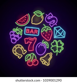 Gambling casino games neon logo with slot machine bright icons. Illustration of casino and poker, luck game gambling vector