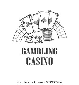 Gambling Casino icon with cards, chips, dice and roulette. Hand drawn vector illustration, design, greeting card, logo.