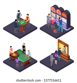 Gambling, casino isometric vector composition with slot machines, poker, cash exchange