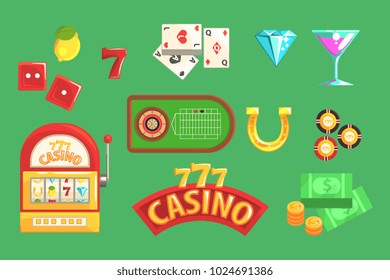Gambling And Casino Night Club Set Of Symbols, Including Cards, Dices , Roulette Table, Chips And Slot Machine