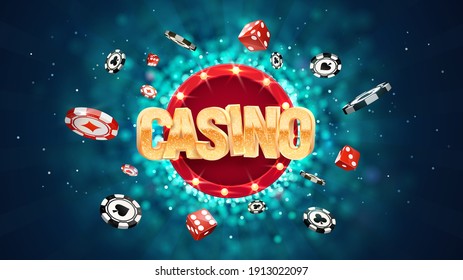 Gambling casino online leisure games vector illustration. Win in gamble game. Chips and dice exploding on dark blurred background