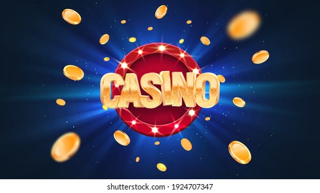 Gambling casino online leisure games vector illustration. Win in gamble game. Coins exploding on blue burst background