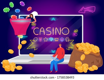 Gambling, casino online player play on laptop, money and amble chips flat vector illustration. Gambling in casino web banner, entertainment for luck play, bet and win money.