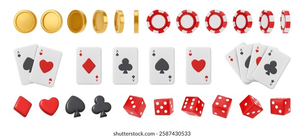 Gambling and casino poker game items. Vector in 3d style, isolated set of realistic cards, money gold coins, chips or badges and dice with random number. Leisure playing, betting and winning