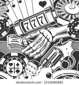 Apuestas, casino sin patrón con rueda de la fortuna, dos dados y esqueleto de la mano sosteniendo la silueta del dólar. Vector. Concepto para fondo de patrón de casino o Fondo de pantalla.