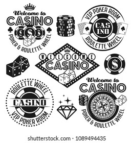 Gambling and casino set of vector black emblems, objects, design elements isolated on white background