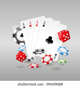 Gambling and casino symbols - poker chips, playing cards and dice