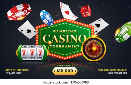 Gambling casino tournament banner or poster design with 3d illustration of chip, playing cards,  roulette wheel and slot machine on black background.