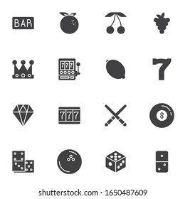 Gambling and casino vector icons set, modern solid symbol collection, filled style pictogram pack. Signs, logo illustration. Set includes icons as Lucky seven 777 slot machine, casino game, dominoes