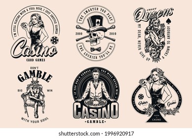 Gambling and casino vintage designs with roulette wheel roses pretty poker ladies gambler skeleton and skull smiling croupier skeleton queen of spades for playing cards isolated vector illustration