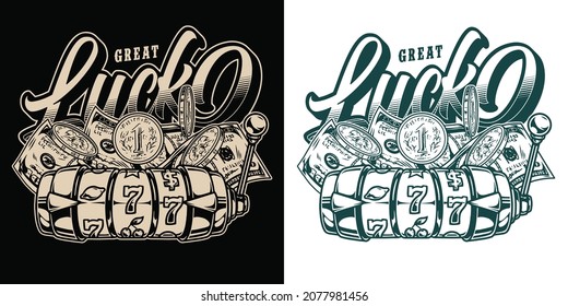 Gambling and casino vintage label in monochrome style with inscription slot machine coins and dollar banknotes isolated vector illustration