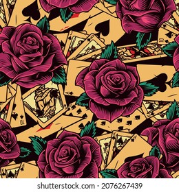 Gambling and casino vintage seamless pattern with rose flowers royal flush of spades poker hands and playing cards vector illustration