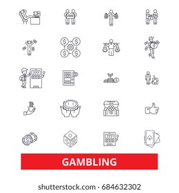 Gambling, casino,poker, roulette, slot machine, gaming,entertainment, Las Vegas line icons. Gambling outline signs set. Casino icons with editable strokes 