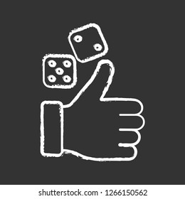 Gambling chalk icon. Good luck. Thumbs up and dice. Casino games. Isolated vector chalkboard illustration