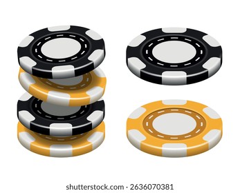 Gambling chips. Black and yellow 3d vector chips isolated on white background.