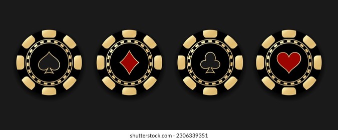 Gambling chips with card suit sign. Chips isolated on black background.