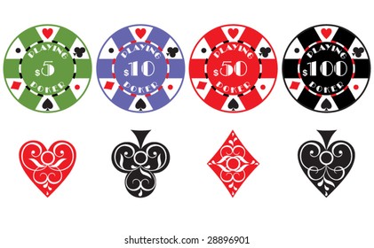 gambling chips and card symbols on white background