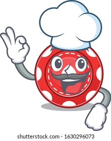 Gambling chips cartoon character wearing costume of chef and white hat