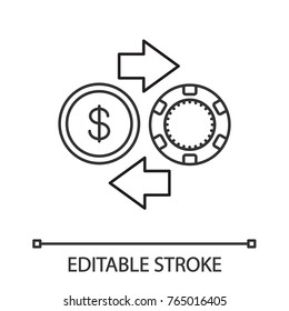 Gambling Chips And Cash Money Exchange Linear Icon. Real Money Casino. Thin Line Illustration. Contour Symbol. Vector Isolated Outline Drawing. Editable Stroke