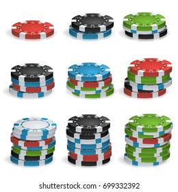 Gambling Chips Stacks Vector. 3D Realistic. Poker Game Chips Isolated On White Background For Online Casino, Gambling Club, Poker, Billboard.