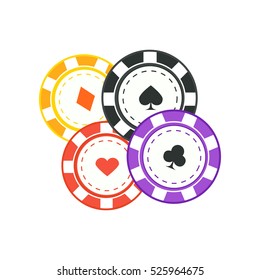 Gambling chips vector in flat style. Four casino chips with card suits. Illustration for gambling industry, sport lottery services, icons, web pages, logo design. Isolated on white background.   