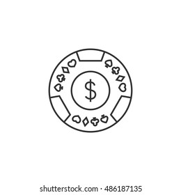 Gambling coin icon in thin outline style. Leisure activity bet chance roulette jackpot