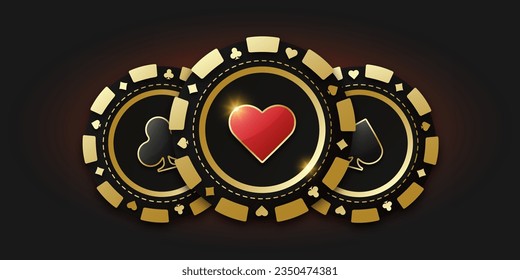 Gambling coin with suit hearts. Trio of playing chips or token. Realistic playing chip with the suit of hearts in the center, gambling tokens. Banner for web app or site. Concept poker or casino.