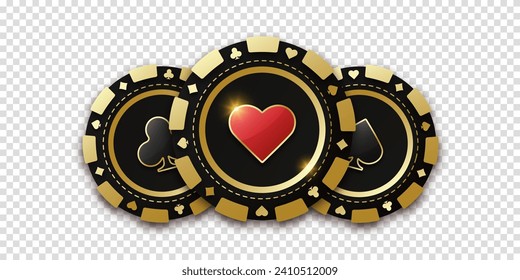 Gambling coin with suit hearts. Trio of playing chips or token. Realistic playing chip with the suit of hearts in the center, gambling tokens. Banner for web app or site. Concept poker or casino.