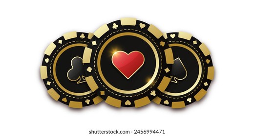 Gambling coin with suit hearts. Trio of playing chips or token. Realistic playing chip with the suit of hearts in the center, gambling tokens. Banner for web app or site. Concept poker or casino.