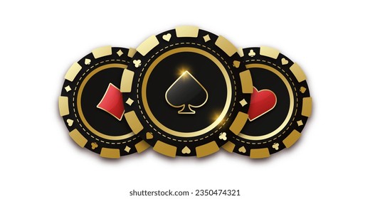 Gambling coin with suit spades. Trio of playing chips coin or token. Realistic playing chip with the suit of spades in the center, gambling tokens. Banner for web app or site. Concept poker or casino