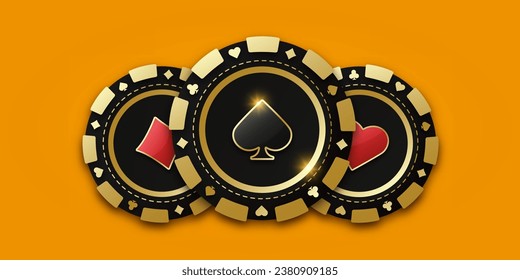 Gambling coin with suit spades. Trio of playing chips or token. Realistic playing chip coin with the suit of spades in the center, gambling tokens. Banner for web app or site. Concept poker or casino