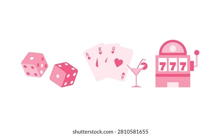 Gambling collection featuring pink dice, playing cards, cocktail glass, and a lucky slot machine illustration.