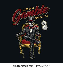 Gambling colorful logo in vintage style with letterings dice skeleton in tuxedo and top hat sitting on chair and holding playing cards isolated vector illustration