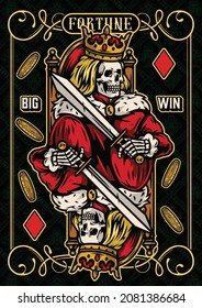 Gambling colorful poster in vintage style with gold coins and skeleton king of diamonds in crown and mantle holding sword vector illustration