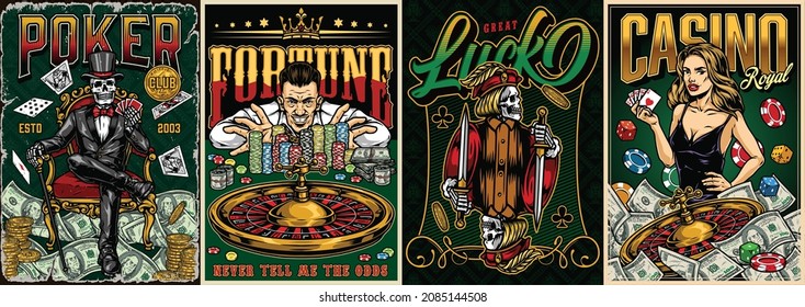 Gambling colorful posters with skeleton jack of clubs playing card pretty poker lady skeleton gambler in tuxedo and top hat rich man and dollar bills casino chips roulette wheel vector illustration