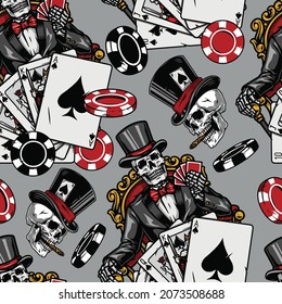 Gambling colorful seamless pattern with casino chips skeleton gambler in tuxedo sitting on chair with playing cards skull in top hat smoking cigar royal flush of spades poker hand vector illustration