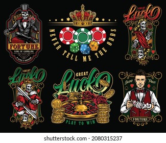 Gambling colorful vintage designs with casino and poker game labels and emblems on dark background isolated vector illustration