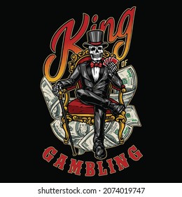 Gambling colorful vintage emblem with dollar banknotes skeleton gambler in top hat and tuxedo sitting on chair and holding playing cards isolated vector illustration