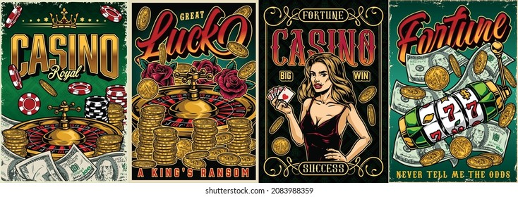 Gambling colorful vintage posters with roulette wheels roses casino chips gold coins dollar bills slot machine pretty girl in dress with royal flush of hearts poker hand vector illustration