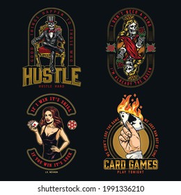 Gambling colorful vintage prints with pretty poker lady male hand holding burning ace of spades skeleton queen for playing card skeleton gambler in tuxedo and top hat isolated vector illustration