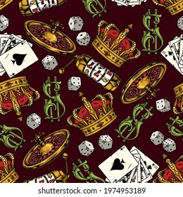 Gambling colorful vintage seamless pattern with golden king crown casino roulette wheel slot machine dice elegant dollar sign royal flush poker hand vector illustration