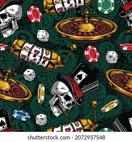 Gambling colorful vintage seamless pattern with dice slot machine casino chips roulette wheel skull smoking cigar in top hat with ace of spades card vector illustration