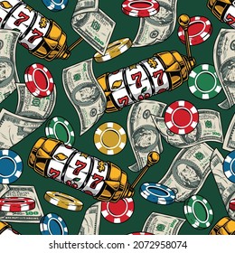 Gambling colorful vintage seamless pattern with slot machines falling casino chips and dollar bills vector illustration