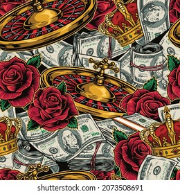 Gambling colorful vintage seamless pattern with casino roulette wheel roses royal crowns rolls and stacks of dollar bills vector illustration