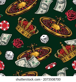 Gambling colorful vintage seamless pattern with roses royal crown falling dollar banknotes dice casino chips and roulette wheel vector illustration